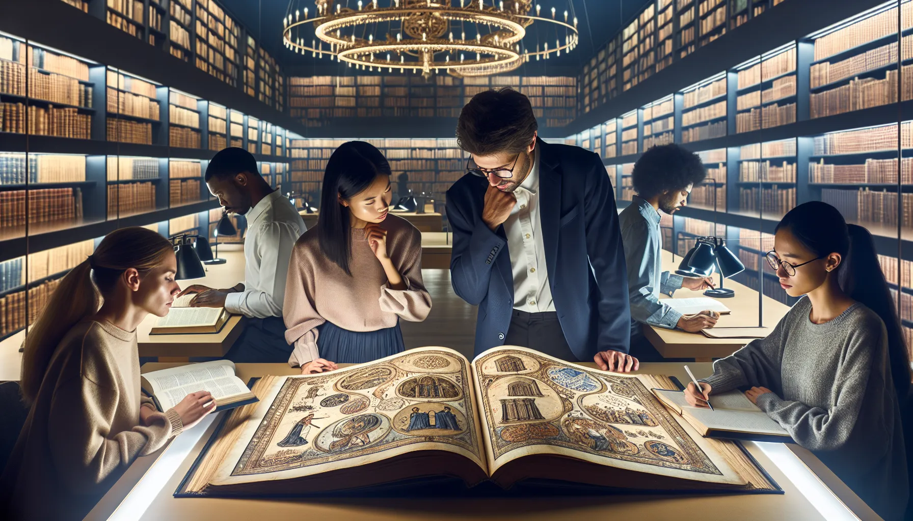 diverse scholars collaborating in a modern library setting.